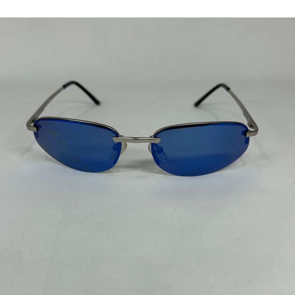 Deadstock Y2K Silver Rimless Sunglasses – Blue Tinted Oval Cyber Shades